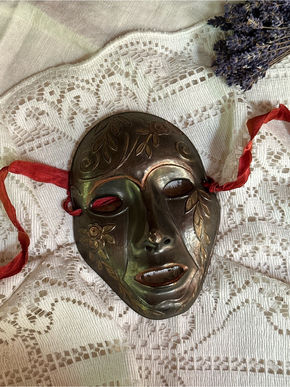Handcrafted Decorative Brass Wall Mask with Red Ribbon